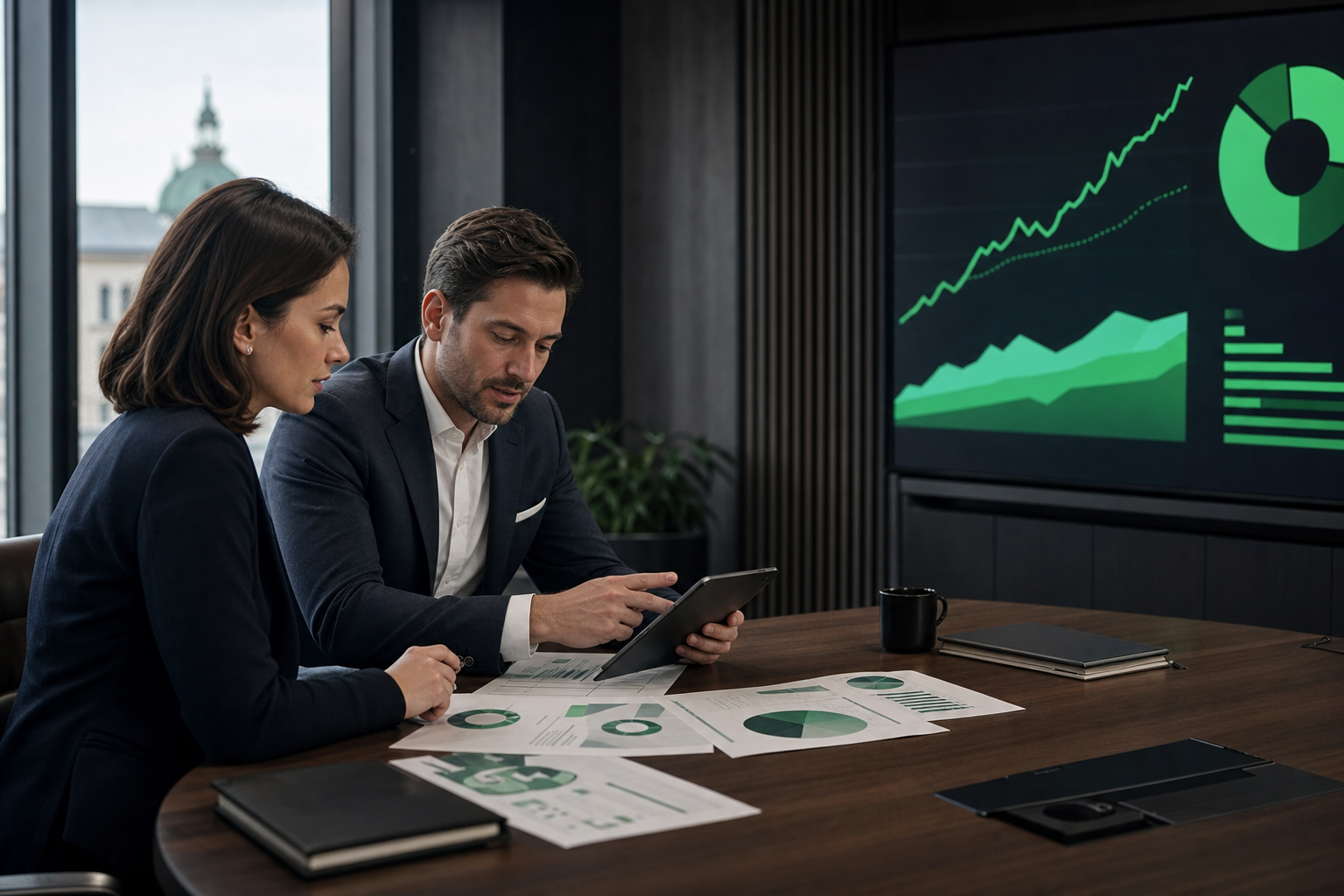 Befektetési tanácsadó növekedési grafikonokat elemez ügyfelével